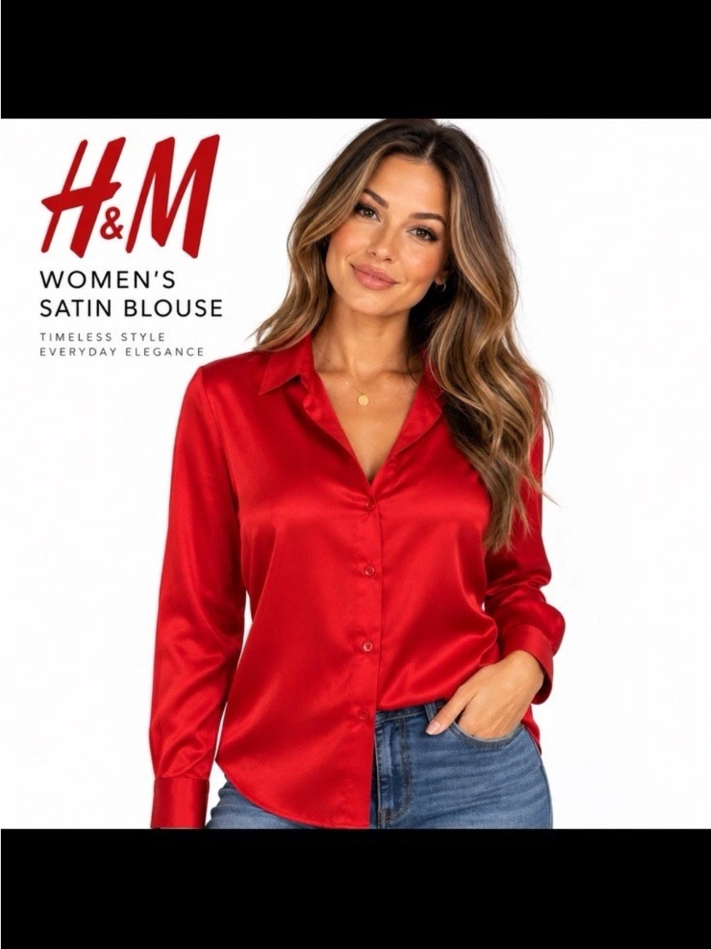 H&M Red Satin Collared Button-Up Blouse Size 8/10